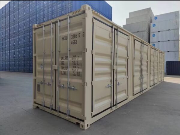Contenedor High Cube de 40 pies con 4 puertas laterales color beige
